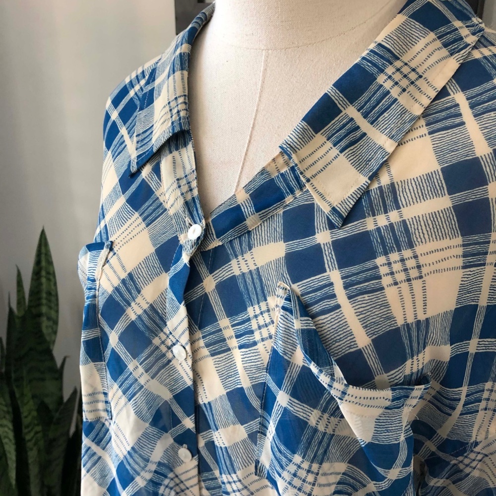 Free People Sheer Blue Plaid Long Sleeve High Low Blouse - Picture 6 of 6